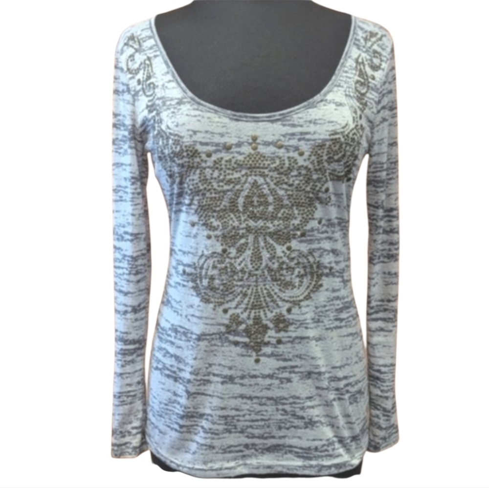 Y2K Vintage Cache Bling Long Sleeve Tee Gray Patterned Indie Sleaze Top Retro